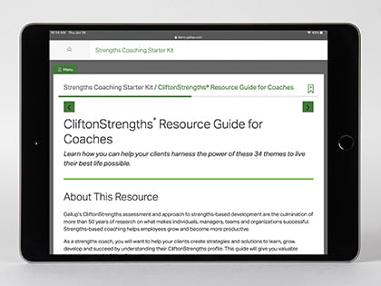 Digital kit displayed on device, featuring the CliftonStrengths Resource Guide for Coaches page.