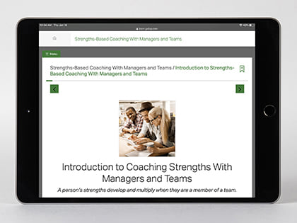 Digital kit displayed on device, featuring the Introduction to Coaching Strengths With Managers and Teams page.