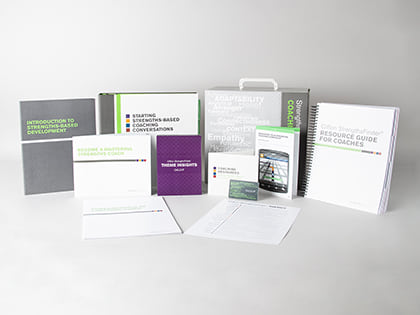 CliftonStrengths Coaching Starter Kit (Print) with all materials showing.