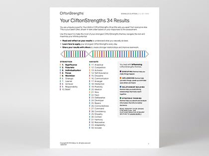 Cover page of CliftonStrengths 34 Report.