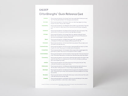 Front of a CliftonStrengths Quick Reference Card.