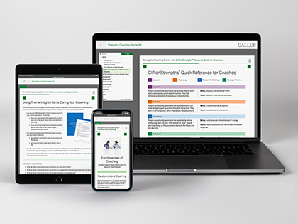 The CliftonStrengths Coaching Starter Kit displayed on multiple devices.