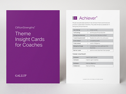 The front and back of a CliftonStrengths Theme Insights Card for Coaches.