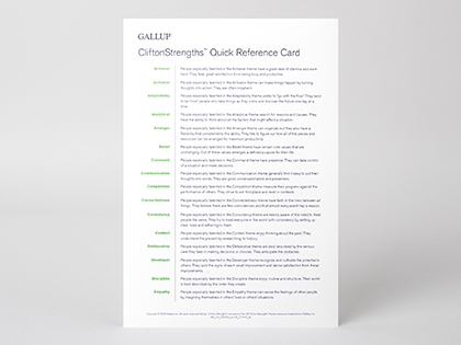 The front of a CliftonStrengths Quick Reference Card.